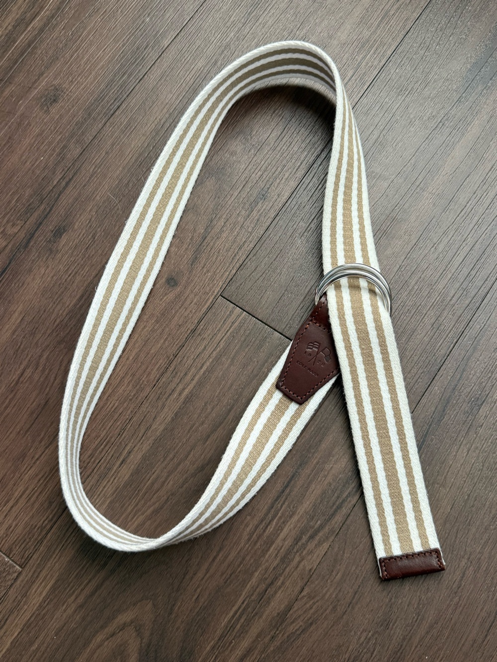 Cole Haan Double D-Ring Khaki Striped Canvas Beige White Preppy Web Belt